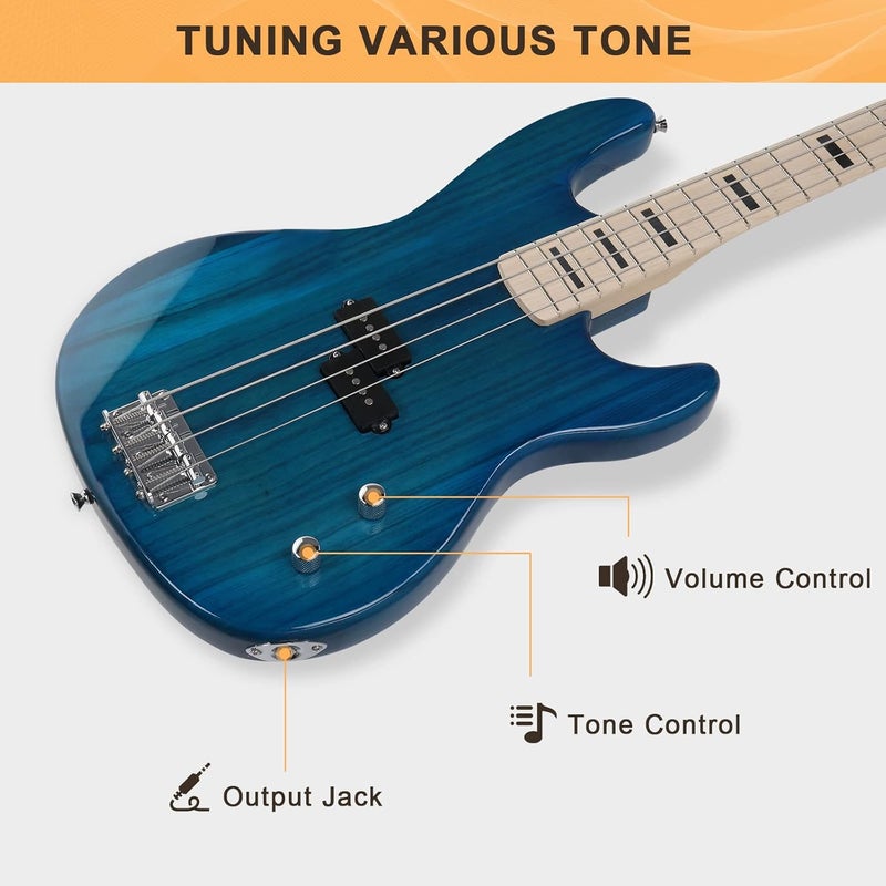 GLARRY GP Series Full Size Electric Bass Guitar 4 String Beginner Kit Canadian Maple Fingerboard with Cable, Strap, Bag and Accessories(Blue) - Image 3